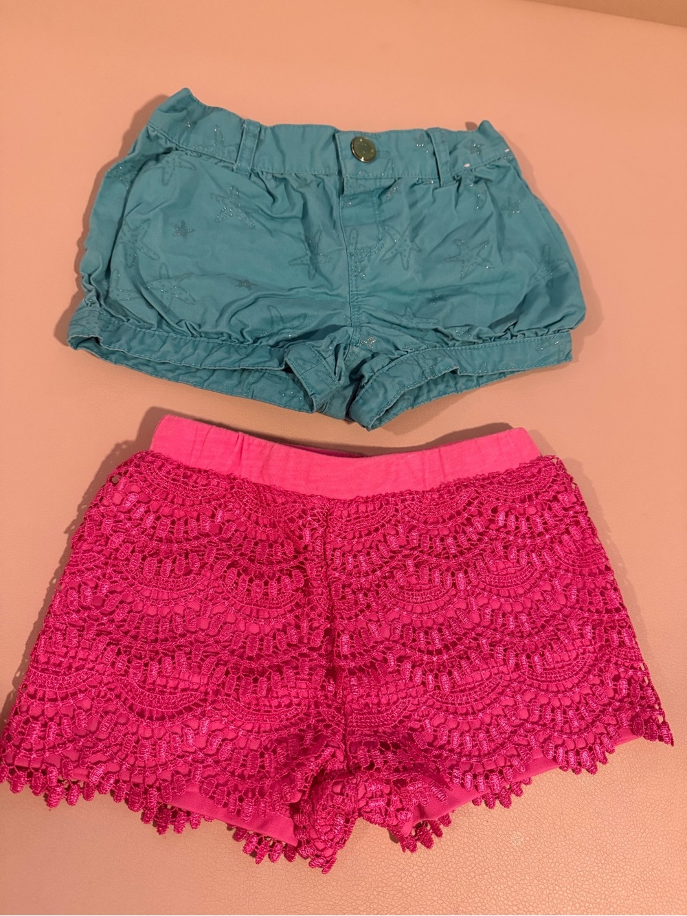 Gymboree Teal Bubble Shorts and Hot Pink Crochet Shorts